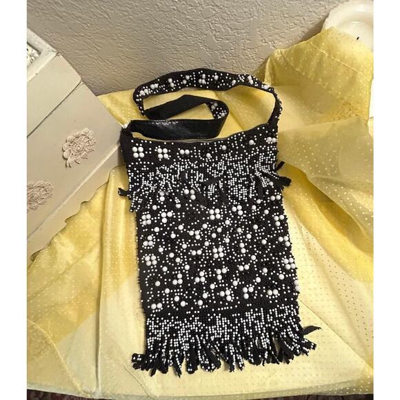 Vtg Boho Hippie Beaded Shoulder Handbag, Blk/Wht Beads, Made in Hong Kong - Picture 1 of 9
